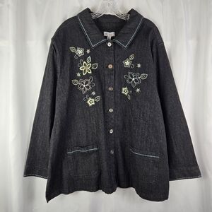 NEW Denim & Co Black Chambray Denim Floral Embroidered Chore Coat Jacket Plus 3X
